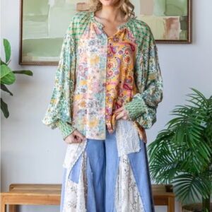 Oli & Hali Mixed Print Button Front Top in Green Combo - NWT - Sz Small